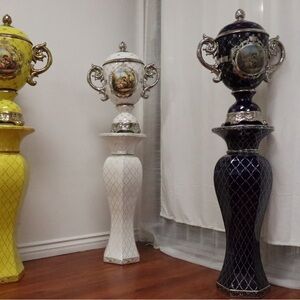 Elegant Ceramic Urn Set - Yellow, White, and Black